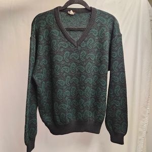 Vintage green black v-neck knit paisley long sleeve sweater UNNO medium winter